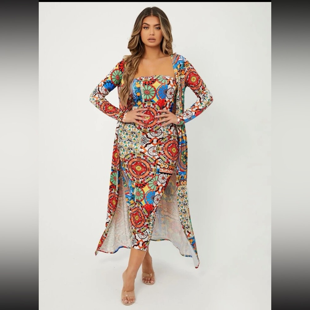 Floral print strapless,tube,body con dress with coat.Beautiful colors,worn once.
